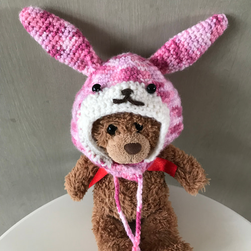 ぬいぐるみ用】かぶりもの うさぎ帽子ピンク【手編み1点物】頭まわり