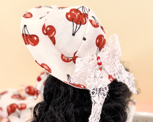 【今月までの出品】アンティーク　ドールハット　ミニチュア帽子　布花　ビスクドール チェリー ポップハット 1/6ドール 22cmドール その他人形 H's made