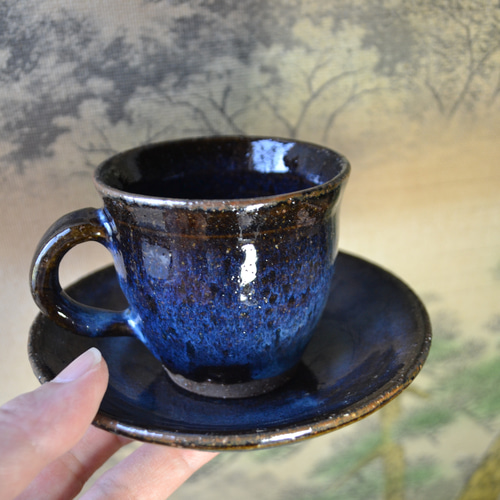 新着！】コーヒーカップ+ソーサー(コスモブルー) 小振り ☆萩焼き 陶器