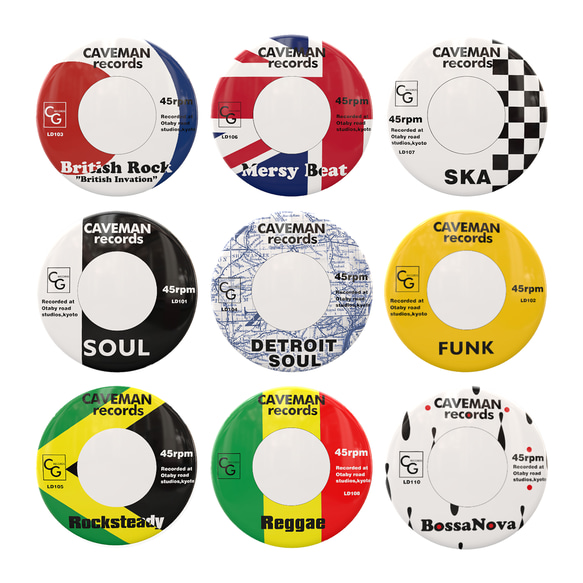 レコードのレーベルデザイン 音楽ジャンルの缶バッジ 2点セット その他