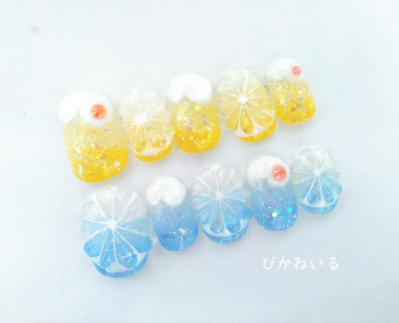 レモンソーダ×ブルーソーダ　アイスクリーム　ぷっくりフルーツ　夏ネイルチップ 1枚目の画像