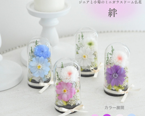 小さめガラスドーム仏花】ジニアと小菊のプリザーブドフラワードーム仏