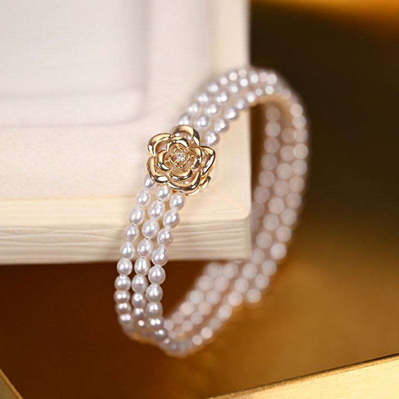 [ヘイズジュエリー] ビバーナムローズシリーズ 18Kゴールド 取り外し可能な3層デザイン オーロラ淡水パール 3-3.5mm