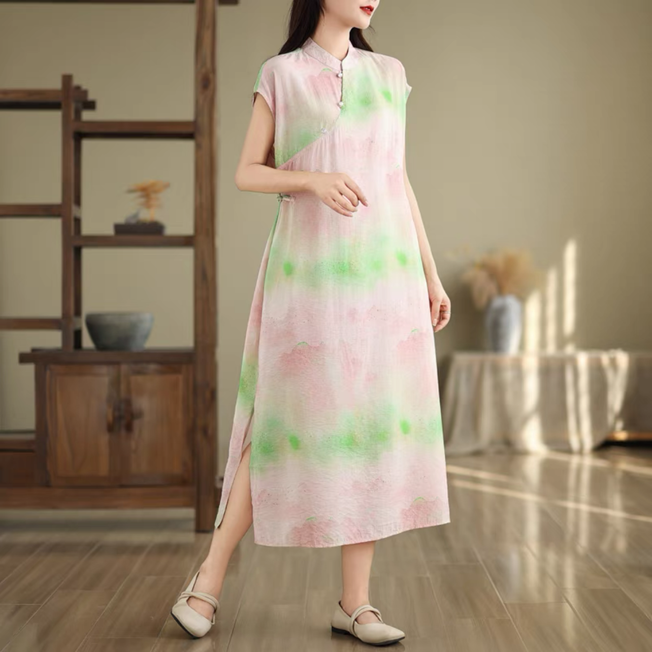 ロング丈スカート、夏ワンピース、コットンリネンワンピース、綿麻ワンピース