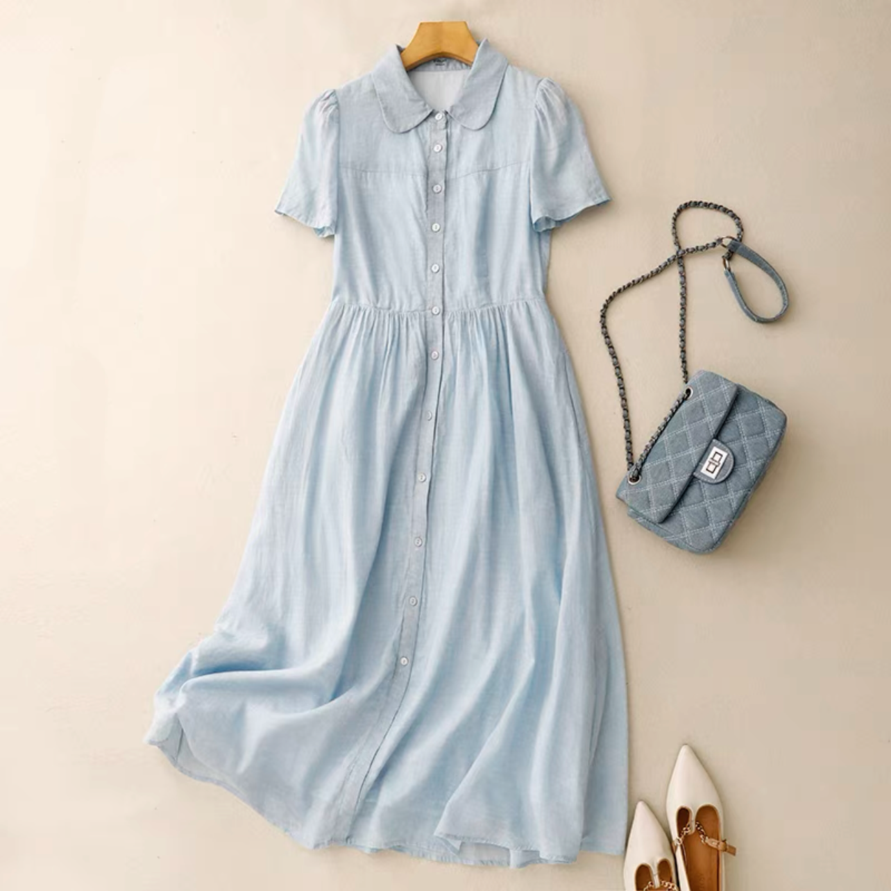 ロング丈スカート、夏ワンピース、コットンリネンワンピース、綿麻ワンピース