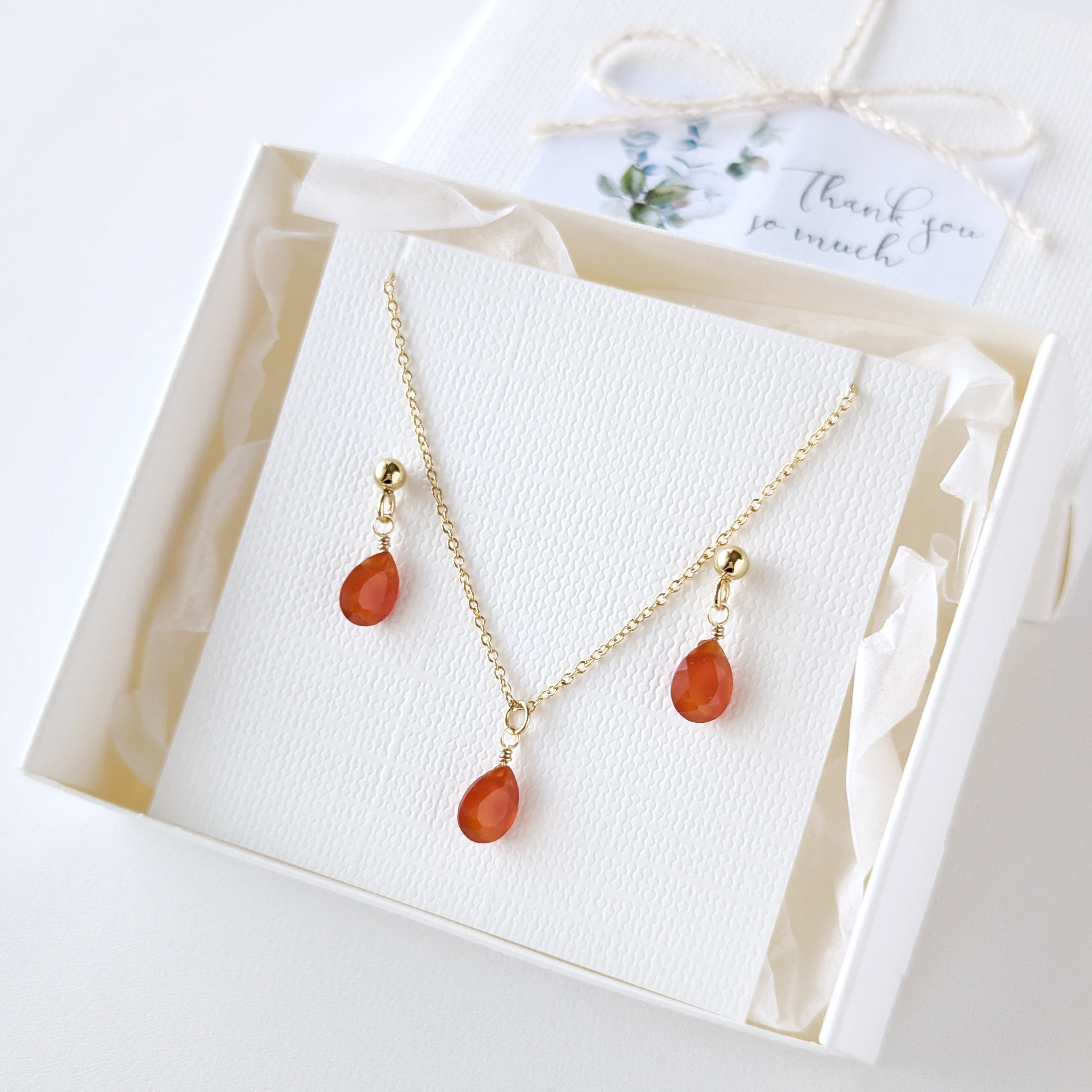 ＊2点セット＊ 宝石質 AAA カーネリアン 小さな ティアドロップの1粒ピアス/イヤリング＆ネックレス