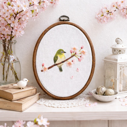タ*ー様 ハンドメイド刺繍フレーム　満開桜とキジトラさん 33e0876918281eaac8b31c12e841ab