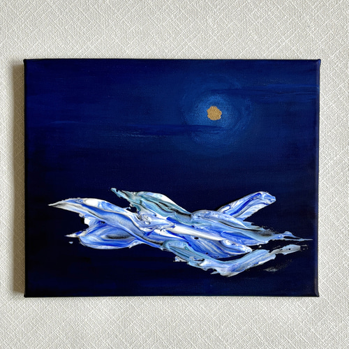 月の流れ　テクスチャーアート テクスチャーアート 原画 夜空 月 パール 絵画 menkoi（えかき