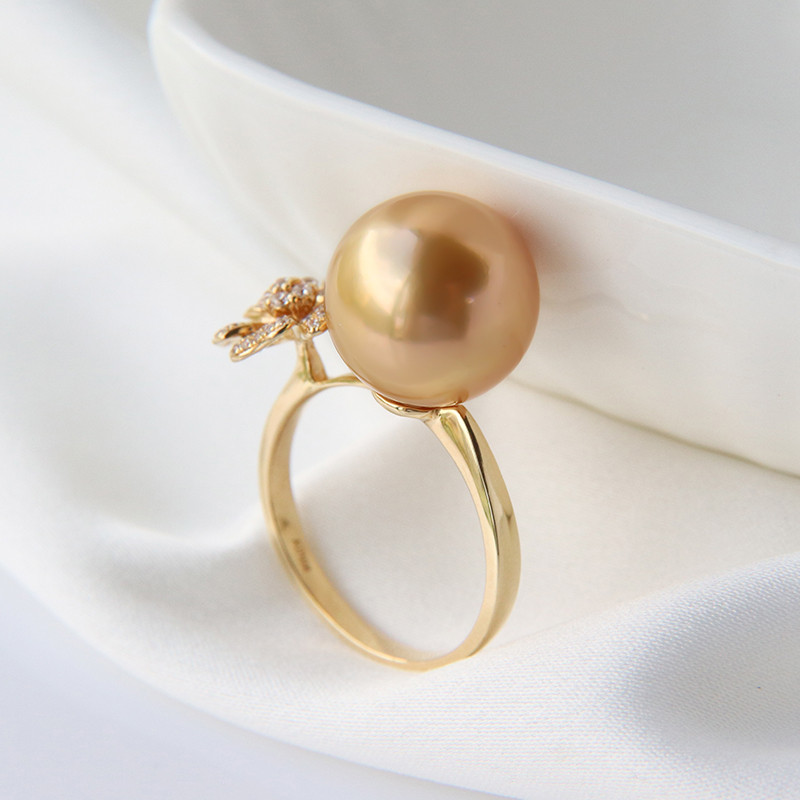 【La Corser】18Kゴールド天然海水10-13mm南洋ゴールドパールリング天然ラウンド強い光気質高級ハンドメイドデザイン