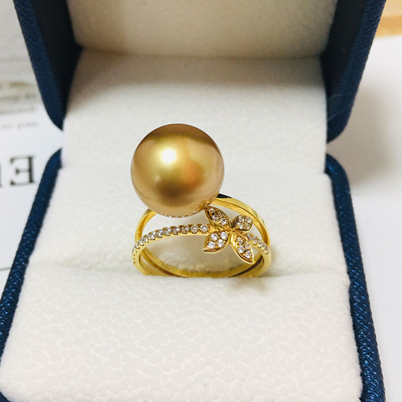 【La Corser】四つ葉のクローバーデザイン輸入天然海水南洋10-14mmゴールドビーズリング18Kゴールドリッチゴールド気