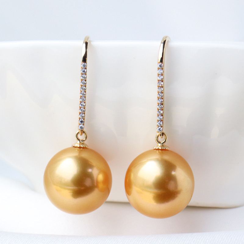 【La Corser】輸入9-13mm南洋ゴールドパールイヤリング、耳スタッド、耳フック、18Kゴールド天然海水真珠、ラウンド、