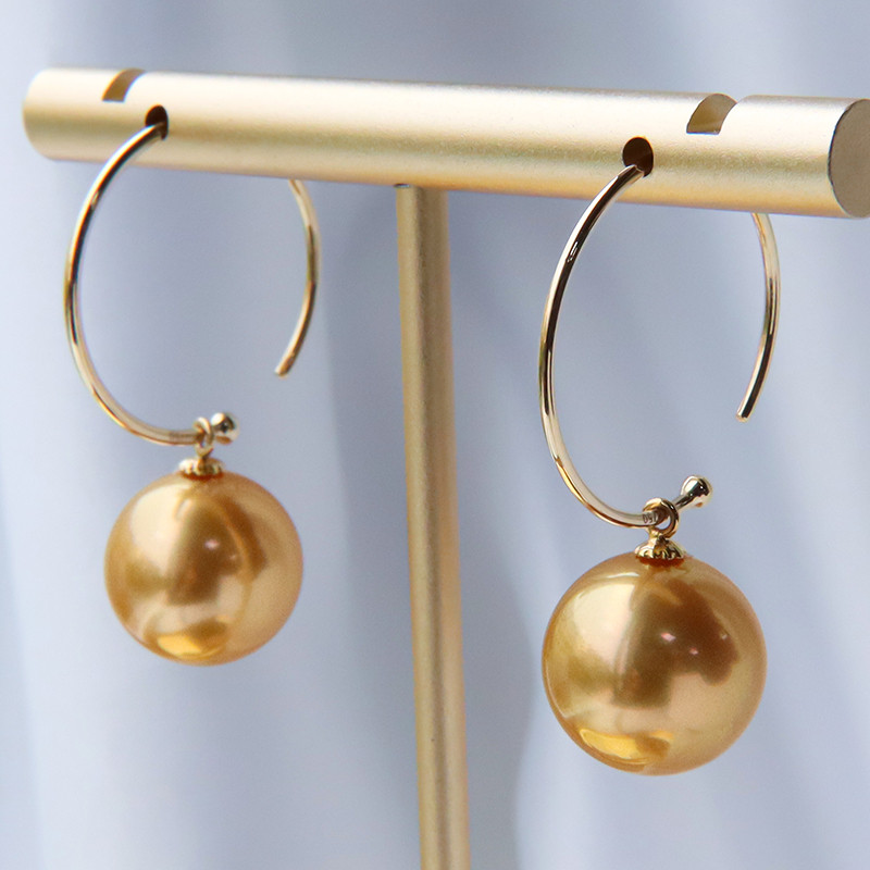 【La Corser】高貴な気質のデザイン輸入10-13mm南洋ゴールドビーズピアス天然海水真珠18Kゴールド強いゴールドミラー