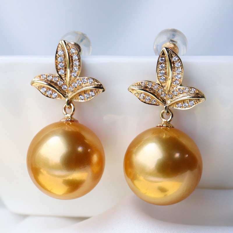 【La Corser】エレガントでファッショナブルな18Kゴールド9-13mm南洋ゴールドパールイヤリング、天然海水真珠、完璧な