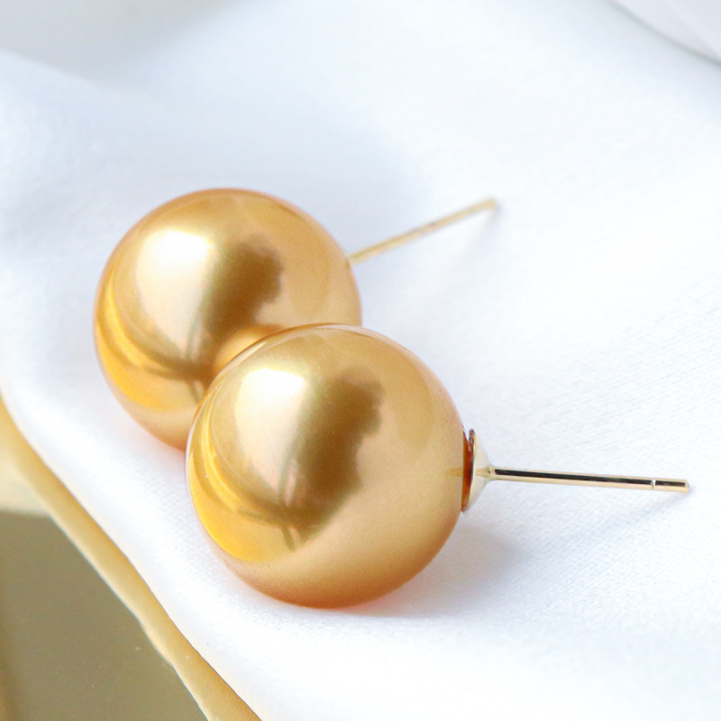 【La Corser】シンプルな18Kゴールド10-14mm南洋ゴールドパールイヤリング、天然海水ゴールドパールイヤリング、鏡面