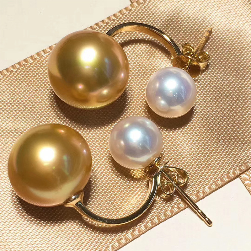 【La Corser】18Kゴールド輸入ラウンド9-13mm南洋リッチゴールド天然海水真珠イヤリングイヤリング快適で万能な気質エ