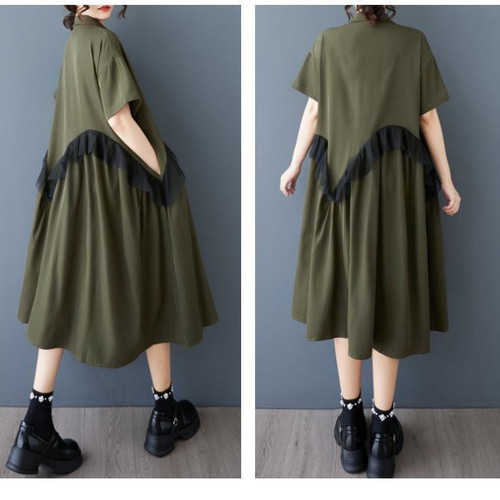 大きいサイズ ワンピース　変形裾　レディース 春夏　 新品 半袖　カーキ 大きいサイズ ワンピース 変形裾 レディース 春夏 新品 半袖