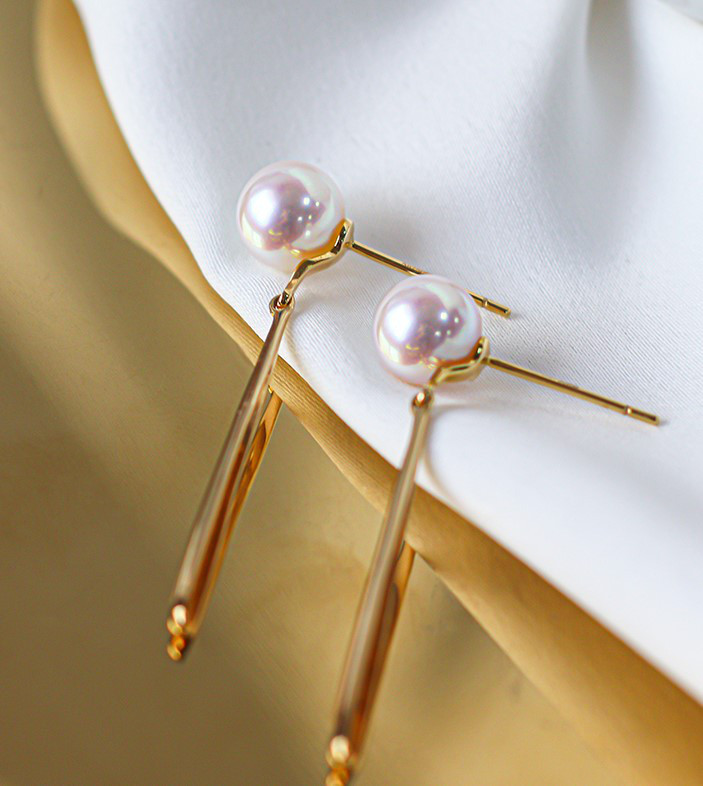 【La Corser】日本製 6-9.5mm 天然海水アコヤ真珠ピアス 18Kゴールドピアス ロングデザイン 女神級の強い光 丸