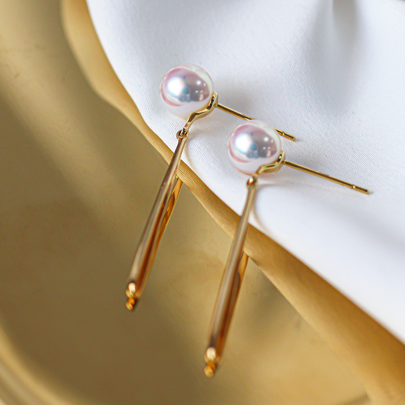 【La Corser】日本製 6-9.5mm 天然海水アコヤ真珠ピアス 18Kゴールドピアス ロングデザイン 女神級の強い光 丸