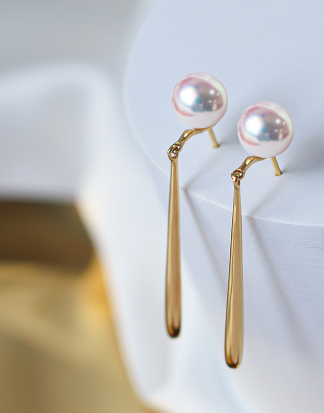 【La Corser】日本製 6-9.5mm 天然海水アコヤ真珠ピアス 18Kゴールドピアス ロングデザイン 女神級の強い光 丸