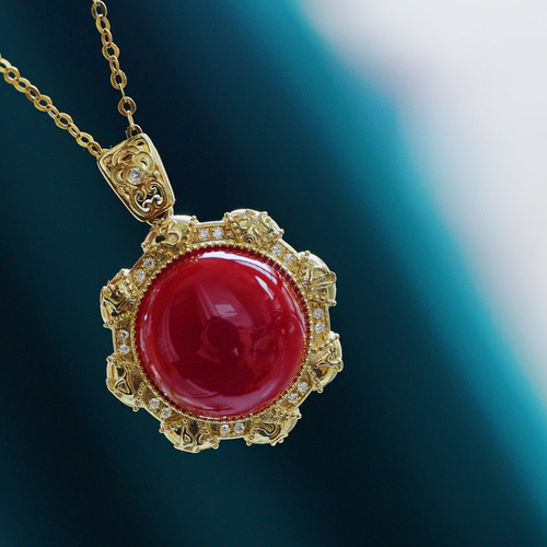 太陽」 K18イエローゴールド 天然血赤サンゴ 珊瑚 天然ダイヤモンド