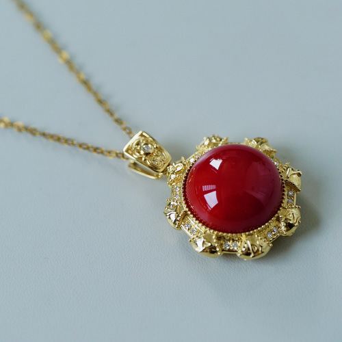 太陽」 K18イエローゴールド 天然血赤サンゴ 珊瑚 天然ダイヤモンド