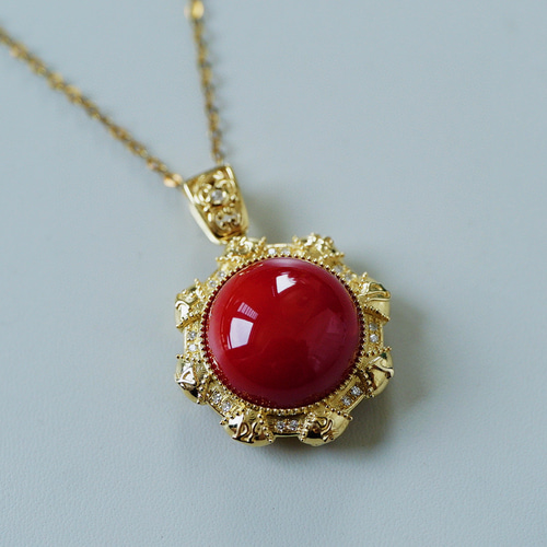 太陽」 K18イエローゴールド 天然血赤サンゴ 珊瑚 天然ダイヤモンド