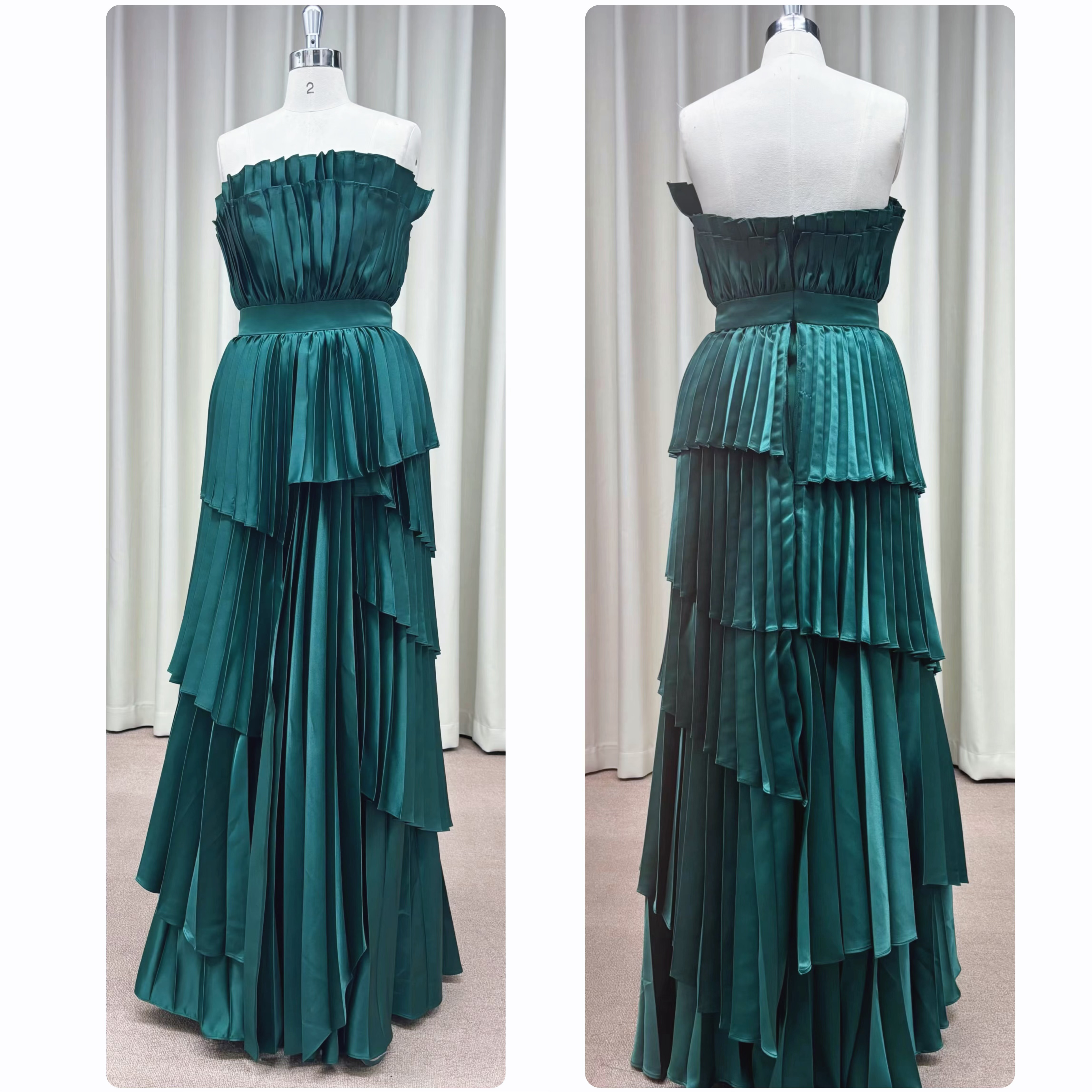 【大人モード・個性派】プリーツ×アシンメトリーな深緑ドレス