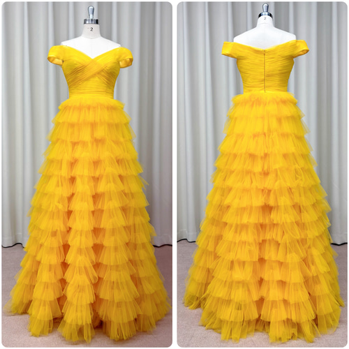 元気×ロマンティック】レモンイエローの段チュールドレス