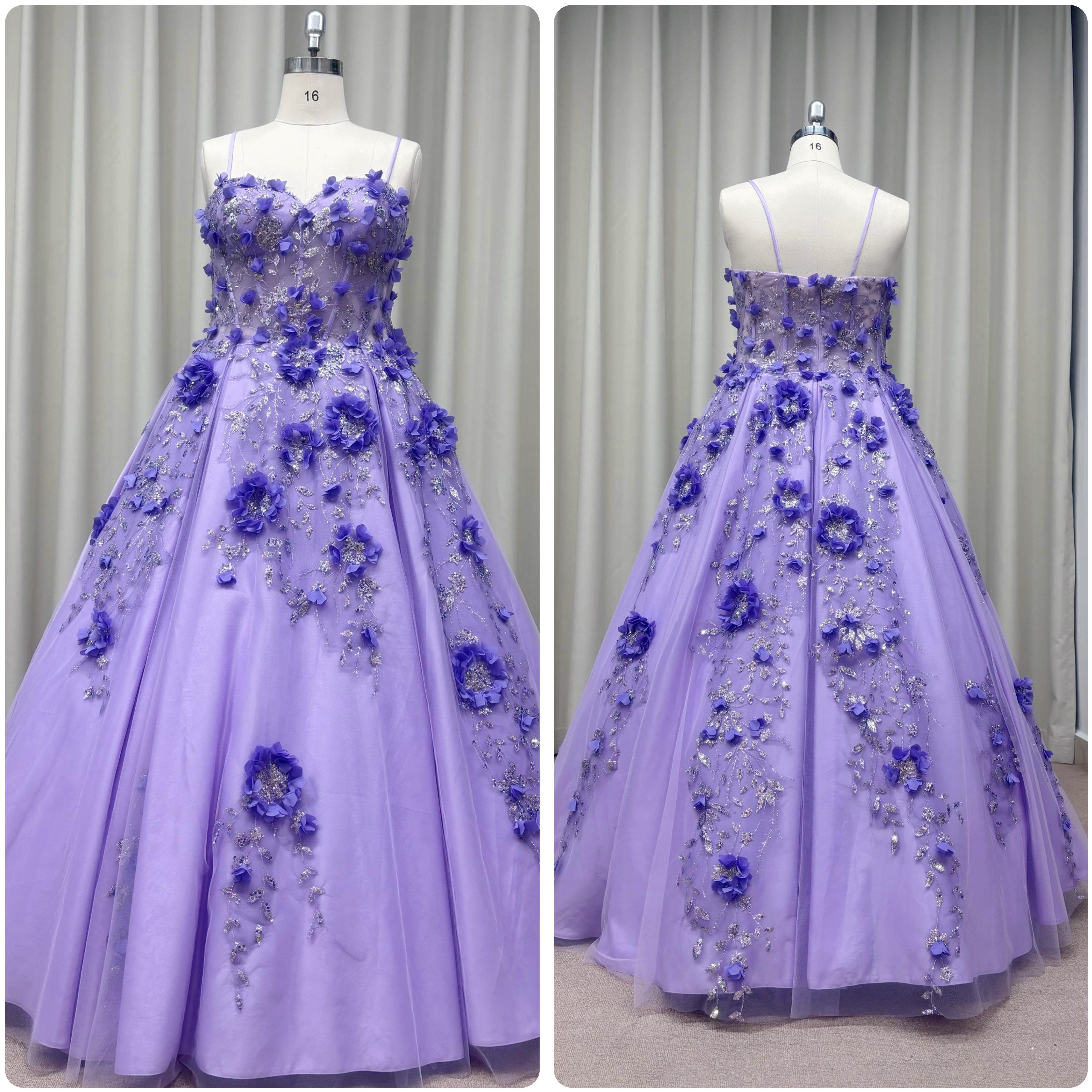 写真映え 立体刺繍×チュールのラベンダーカラーウェディングドレス