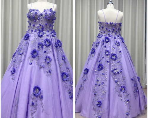 写真映え】立体刺繍×チュールのラベンダーカラーウェディングドレス 写真映え】立体刺繍×チュールのラベンダーカラーウェディングドレス