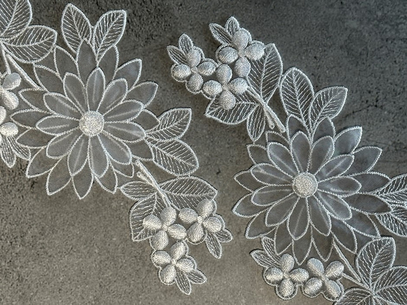 立体オーガンジーモチーフレース ◆ ボタニカル柄 ◆ 1組(2枚) ◆ 日本製 ◆ M-lace-No,219 1枚目の画像