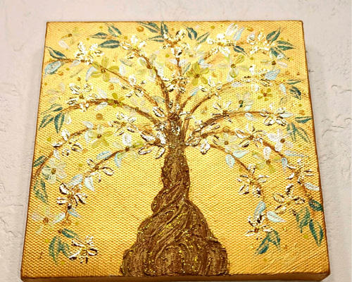風水吉祥絵画◇金箔 輝く招財樹 幸せの木 花の絵 癒し 幸せの木 金の