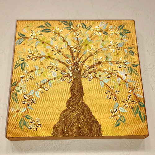 風水吉祥絵画◇金箔 輝く招財樹 幸せの木 花の絵 癒し 幸せの木 金の