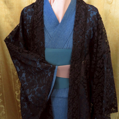 カ*マ様 お値下げしました。日本製レースが美しい黒の長羽織　オートクチュールデザ 和洋の美 日本製黒レースが彩るの長羽織 オートクチュールウェディング
