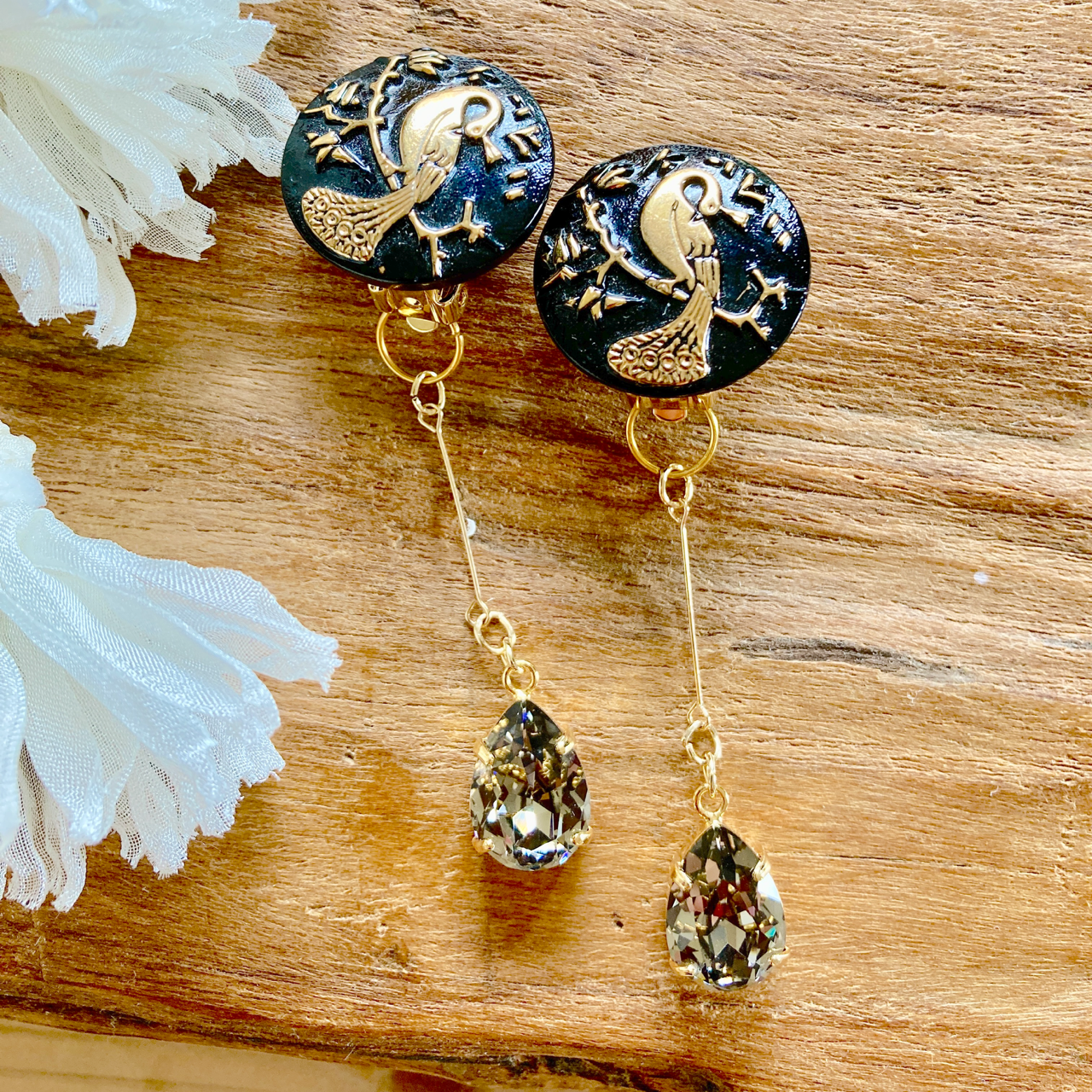 【チェコガラスのイヤリング】黒　ブラック　結婚式　ウエディング　ブライダル565