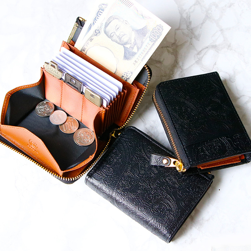 【ペイズリー柄★SATTO L】小さいのにお札が折れない！Lファス型最小に挑む栃木レザーミニ財布 ブラック 8,999円