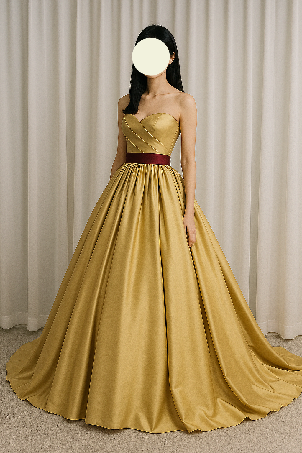 送料無料！パーティードレス ベルト ベアトップ 光沢サテン ビスチェドレス スレンダーライン