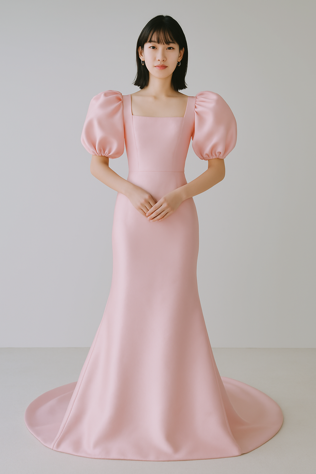 送料無料！パーティードレス 薄ピンク マーメイドライン スクエアネック パフスリーブ  前撮り 2次会/合コン/デート