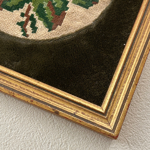 フランスVintage クロスステッチ刺繍額入り 額装 薔薇 Rose ベルベット