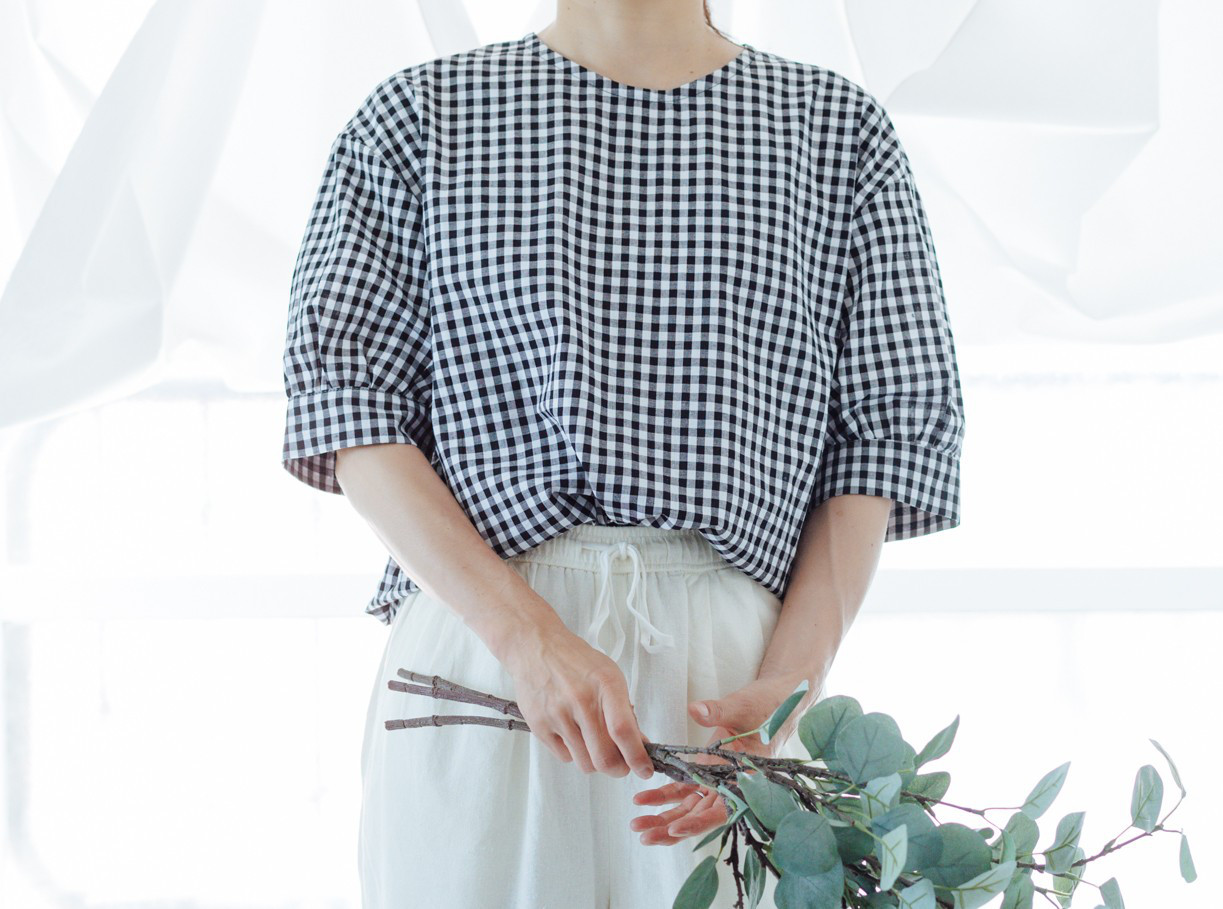 袖丈選べる☆ふんわり袖ブラウス/ギンガムチェック