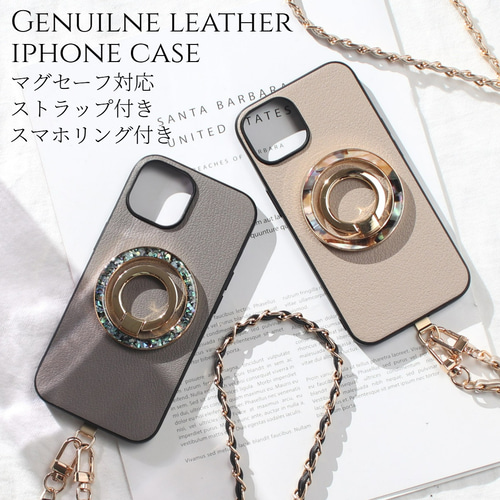 iphone ケース レザー リング付き マグセーフ かわいい べっ甲 iphone ケース 本革 リング付き 16 15 14 13 mini チェーン