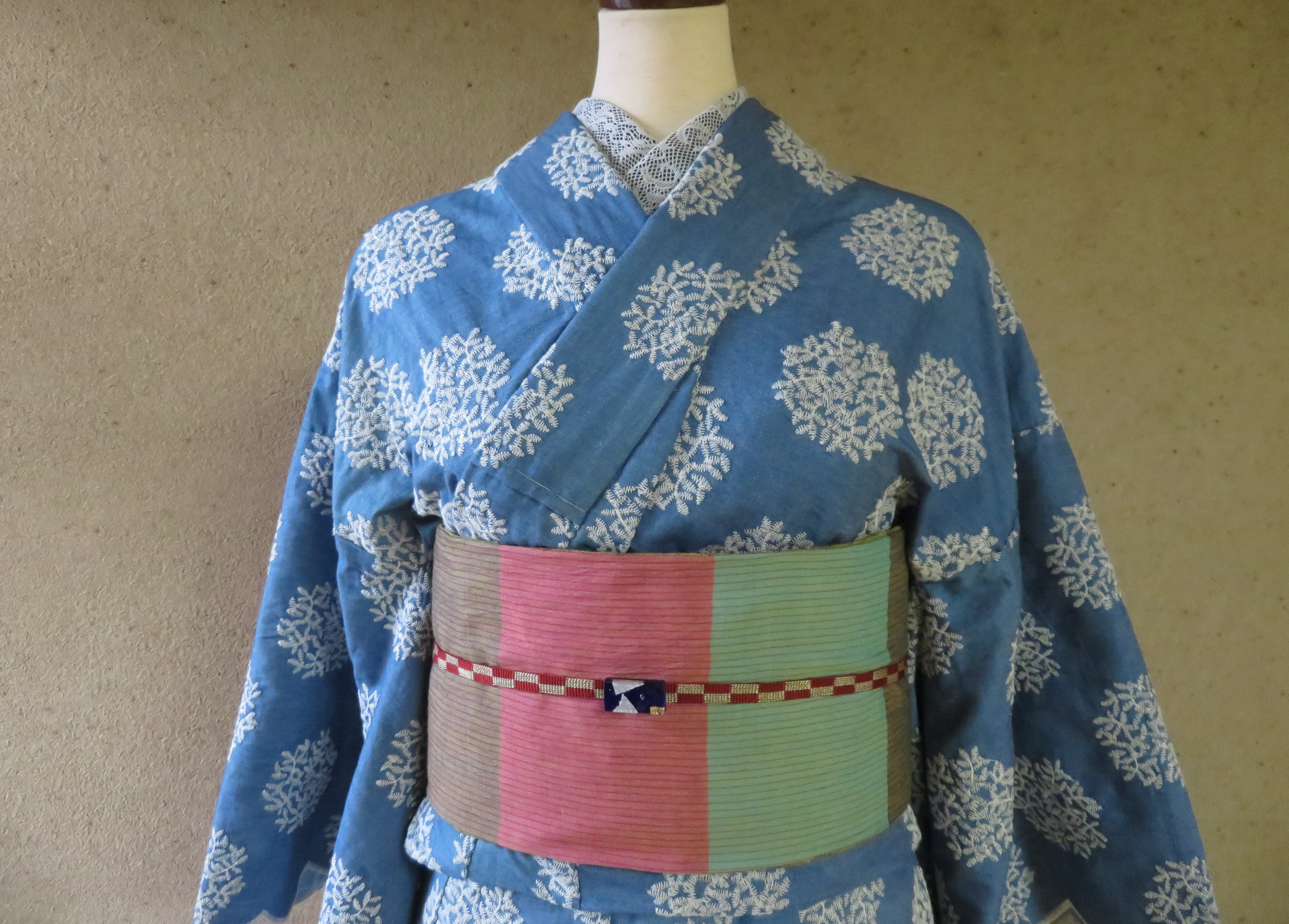 『コーラル』スカラップレース単衣着物　デニム ライトブルー ☆送料無料☆