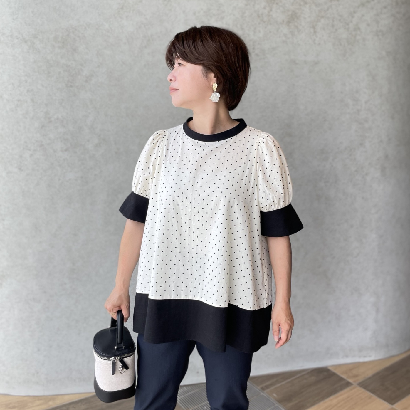 小柄S■リネン混『吸湿速乾』ゆったり体系カバー♡大人可愛いドット柄チュニック丈ブラウス 白■KMC-769 576226