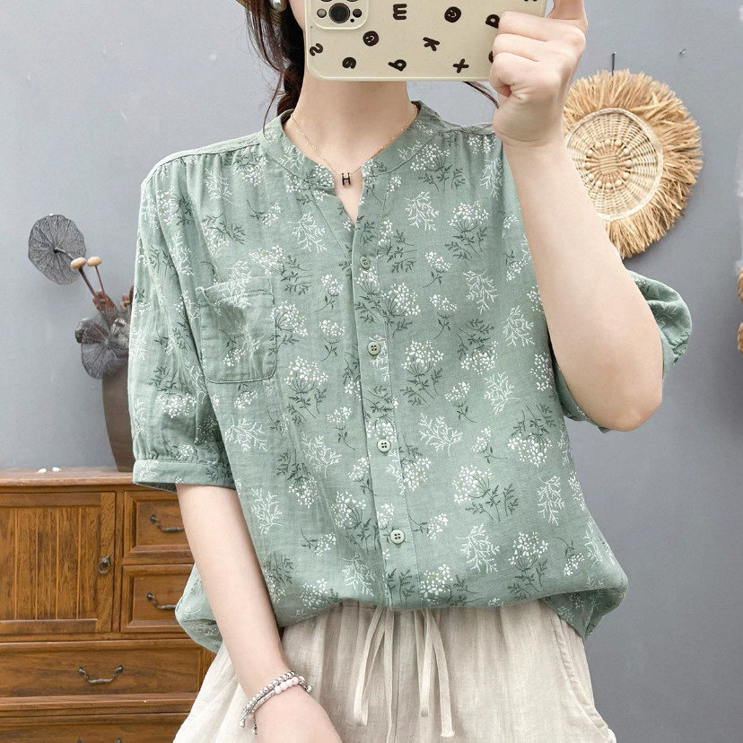 夏・シャツ・コットン100%・トップス・吸汗速乾・五分袖