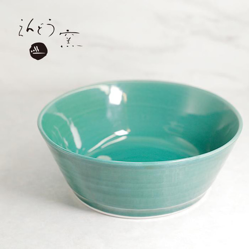 砥部焼 おしゃれ 「ひらはち 緑」 深皿 平鉢 ボウル 丼 シンプル 陶器