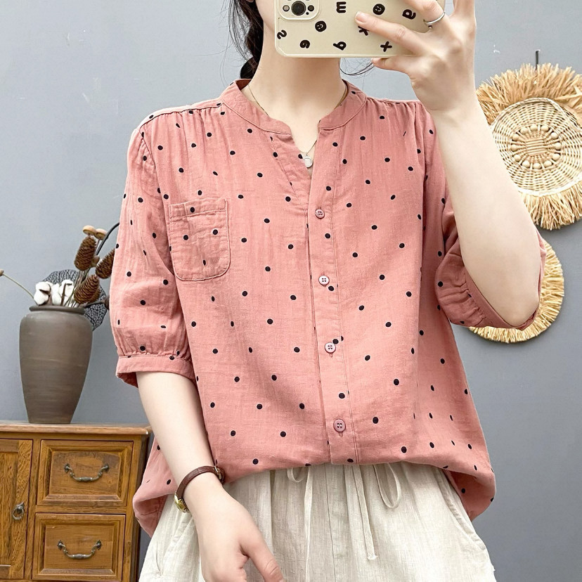 夏・シャツ・コットン100%・トップス・吸汗速乾・五分袖・ドット柄・シュリンプピンク