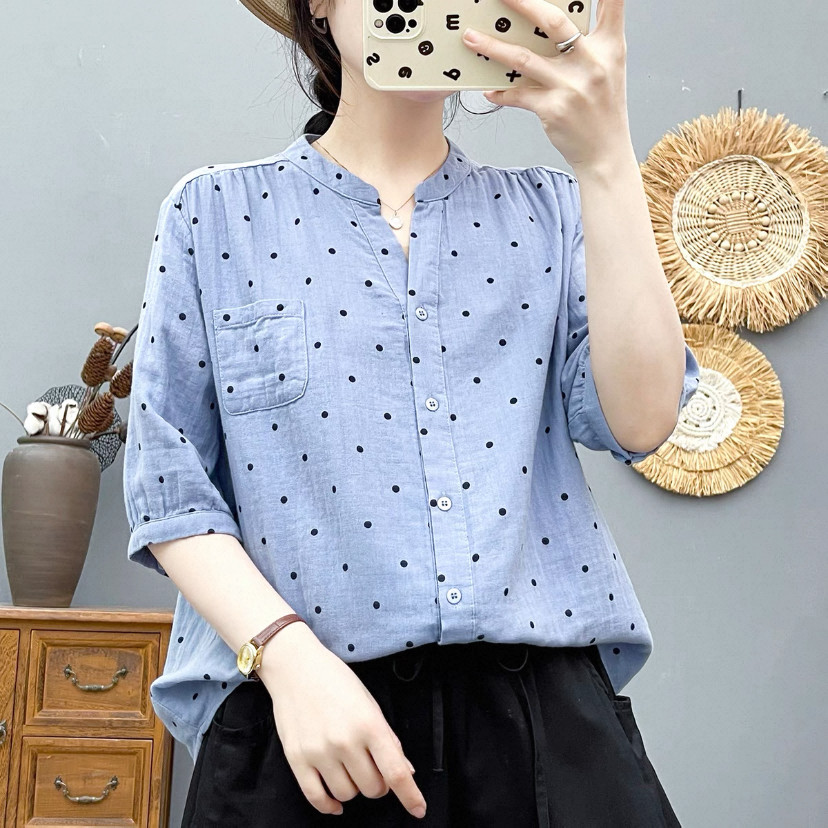 夏・シャツ・コットン100%・トップス・吸汗速乾・五分袖・ドット柄・セレストブルー