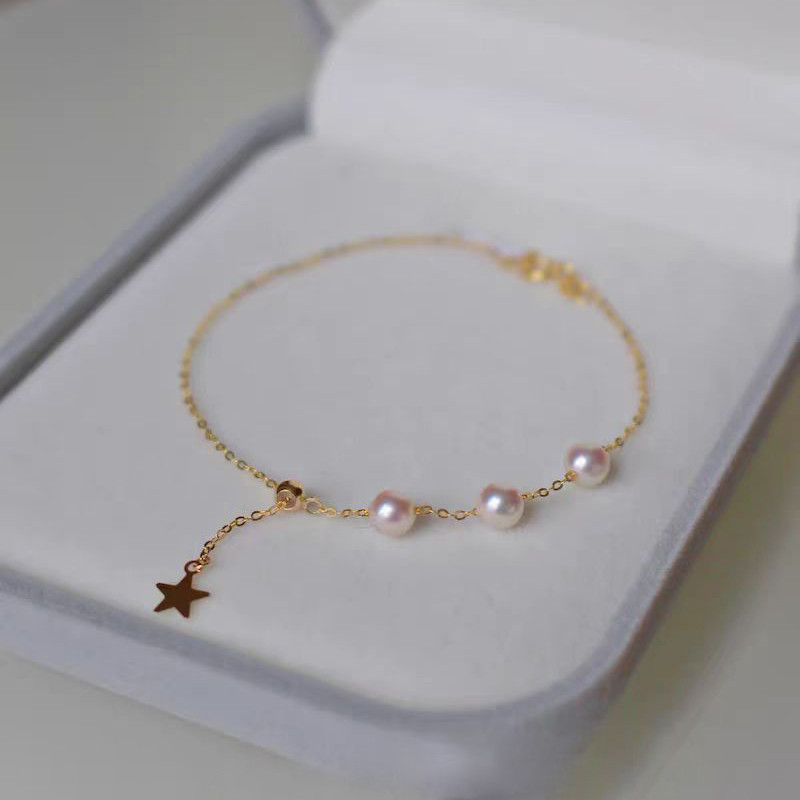 【La Corser】光沢のある6-7mm天然淡水真珠ブレスレット 18Kゴールド 気質ハンドジュエリー ほぼ完璧なラウンド 非