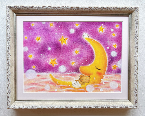 絵画 癒しの絵 パステルアート お月さんとくまちゃん】 ~送料無料~癒される絵 可愛い カラフル 癒し