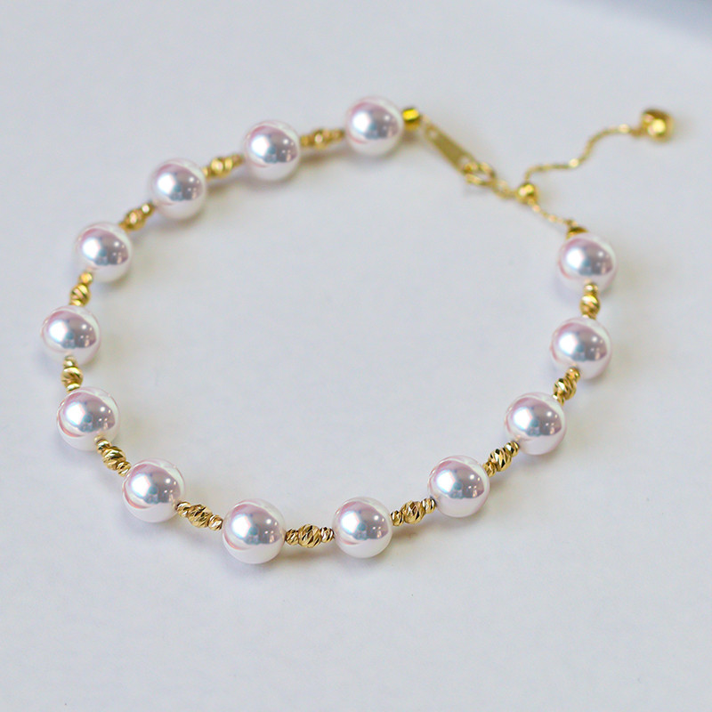 【La Corser】6.5-8mm アコヤ 星空 天然海水真珠 ブレスレット 18Kゴールド 調節可能デザイン 女神級 ラウン